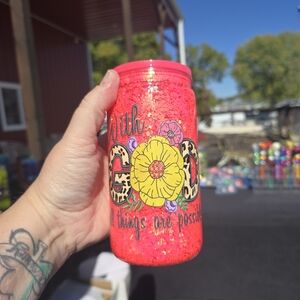 Bright Pink Glitter Tumbler with Floral Design